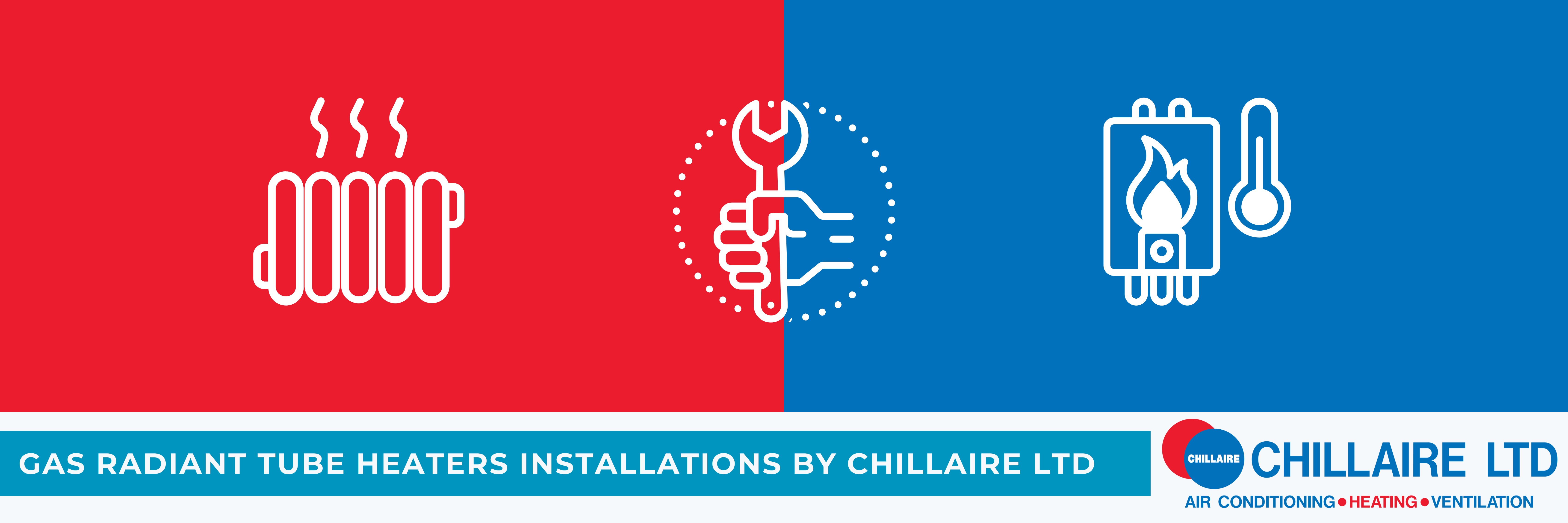 Gas radiant tube heaters installations, red and blue infographic