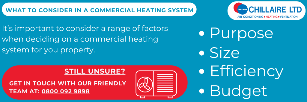 graphic showing what to consider when choosing a commercial heating system